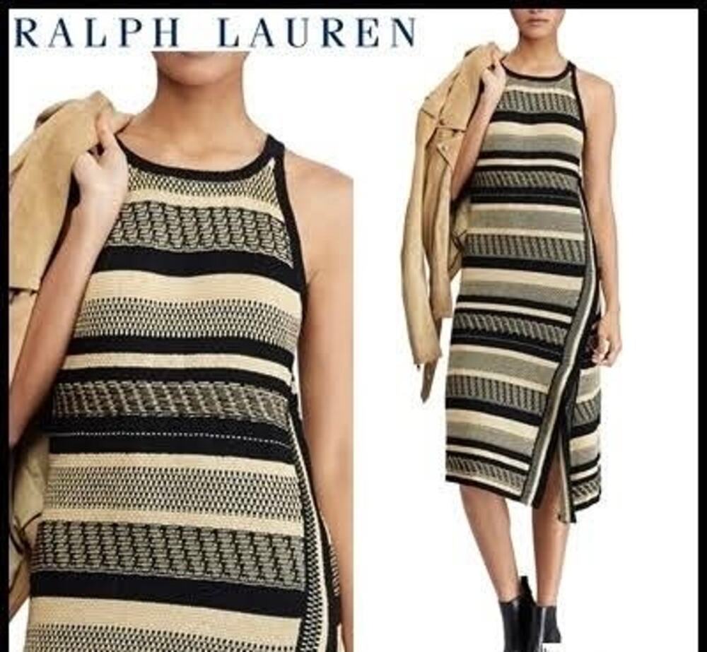 Polo Ralph Lauren Linen Silk Knit Halter Midi Dress Striped Asymmetric Front XS